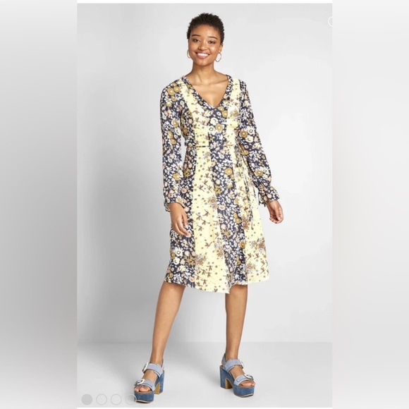 ModCloth Floral Patchwork Wrap Midi Dress Size 14 Boho Cottagecore Retro - Picture 5 of 10